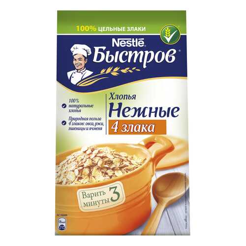 Хлопья овсяные Быстров 4 злака с добавлением ржаных, пшеничных, ячменных хлопьев 350 г в Билла
