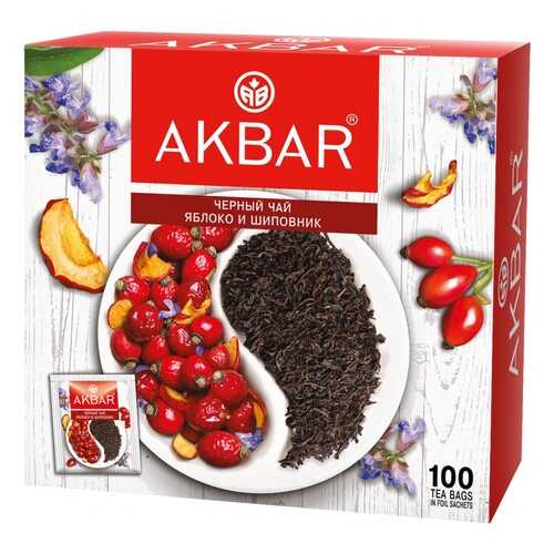 Чай Akbar Яблоко и Шиповник, черный с добавками, 100 сашетов в Билла